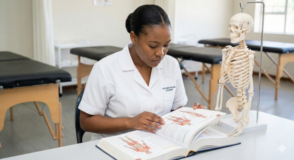 A therapeutic massage student wearing a Potchefstroom Academy tunic studying a complex human anatomy textbook and skeleton model in a clinical training facility.