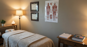 A warm and inviting home-based therapeutic massage studio in South Africa. The room features a massage table, soft lighting, and essential oils, but is distinguished by framed AHPCSA diplomas, a skeletal anatomy chart, and patient intake forms on the desk.
