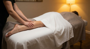 A close-up photograph demonstrating proper massage draping, showing only a client's lower leg exposed while the rest of the body is modestly covered by a sheet.