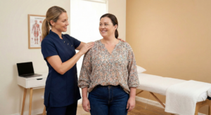 A therapeutic massage therapist in a blue tunic performs a professional shoulder assessment on a fully clothed female client in a clinical setting.