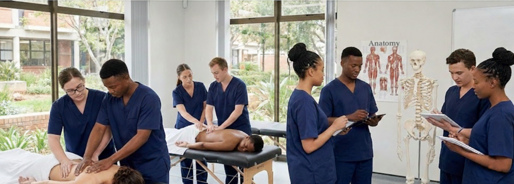 A group of students studying therapeutic massage which includes an in depth understanding of anatomy, physiology and pathology.